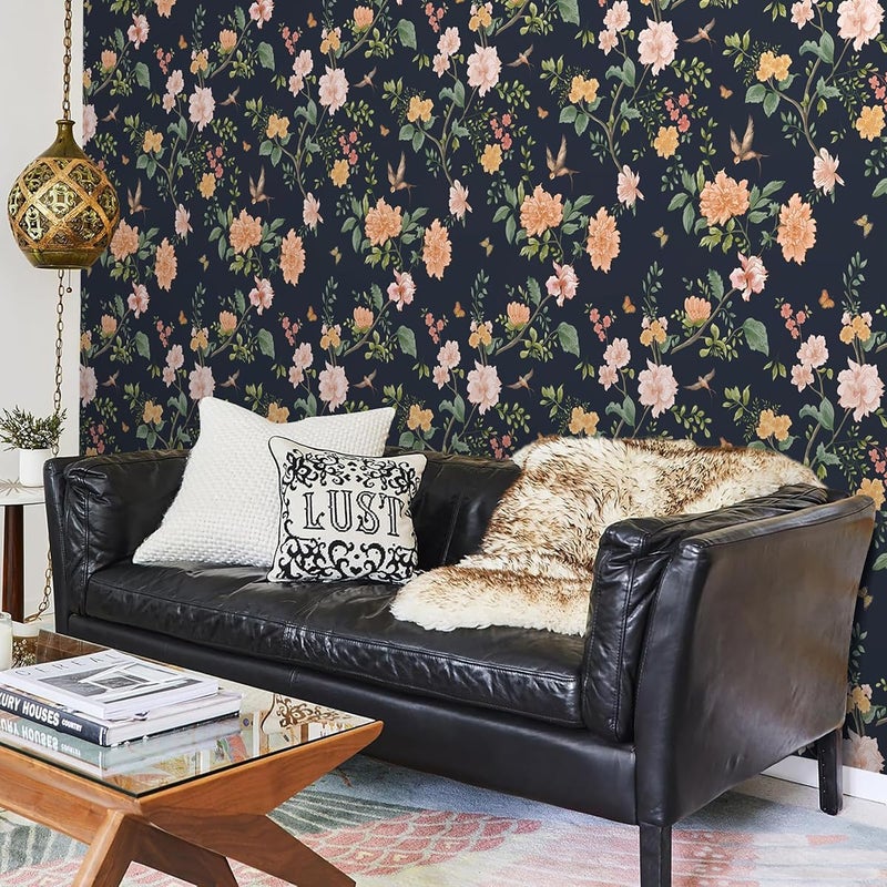 Froluya Dark Blue Floral Peel and Stick Wallpaper Vintage Floral Contact Paper 16.9” x 393.7” Bird Wallpaper Peel and Stick Boho Flowers Self Adhesive Removable Waterproof Wall Paper for Bathroom - Image 5